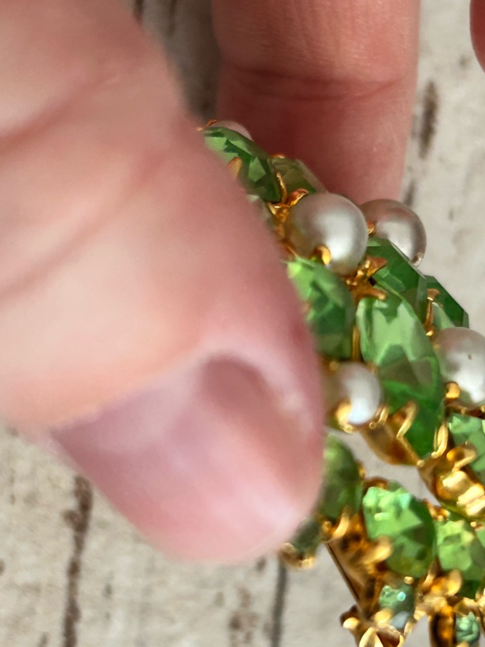 Gold-Tone Green Crystal and Pearl Cluster Brooch - Women Jewelry - Picture 3 of 6